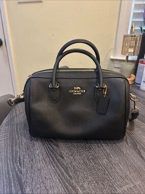 Authentic Coach Black Leather Rowan Satchel with Gold Accent Hardware